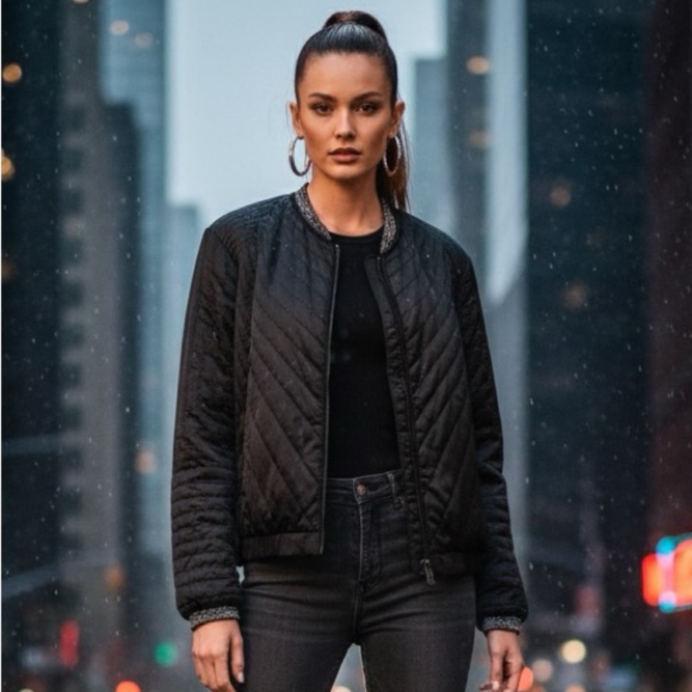 Maison Scotch Paris Nights New York Mornings Black Satin Quilted Bomber Jacket 3